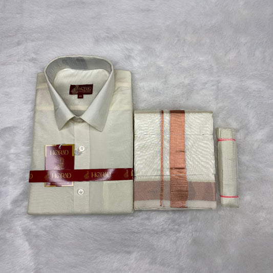 Horad Premium Art Silk Cream Shirt + Cream with Copper Dhoti + Belt