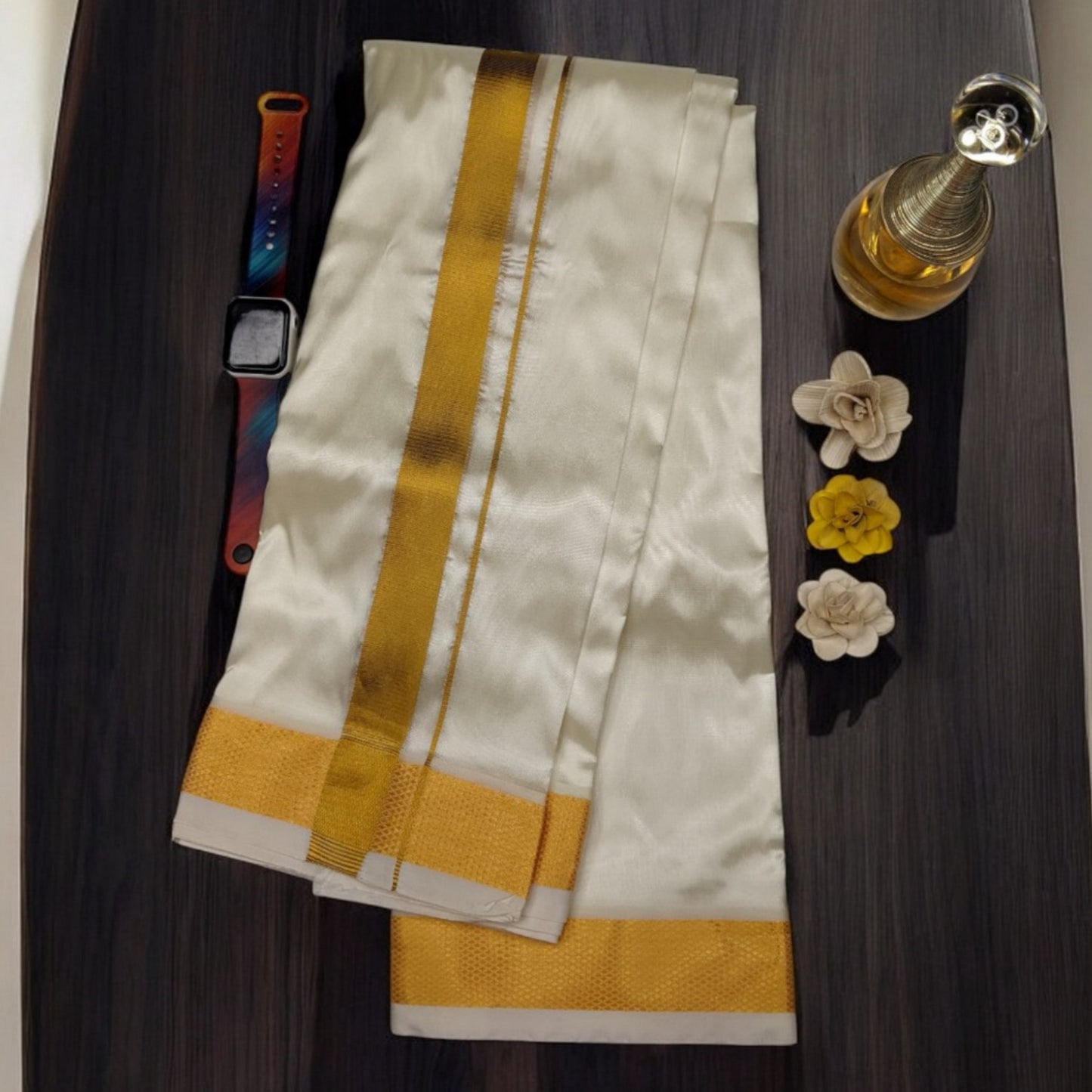 HORAD Premium Art Silk Cream Gold Zari Dhoti with Cream Shirt Material + Belt