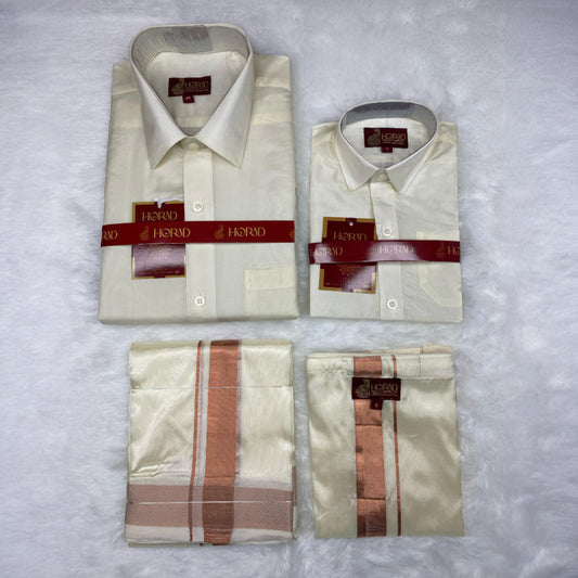 Horad Premium Art Silk Dad and Son Cream Shirt + Dhoti
