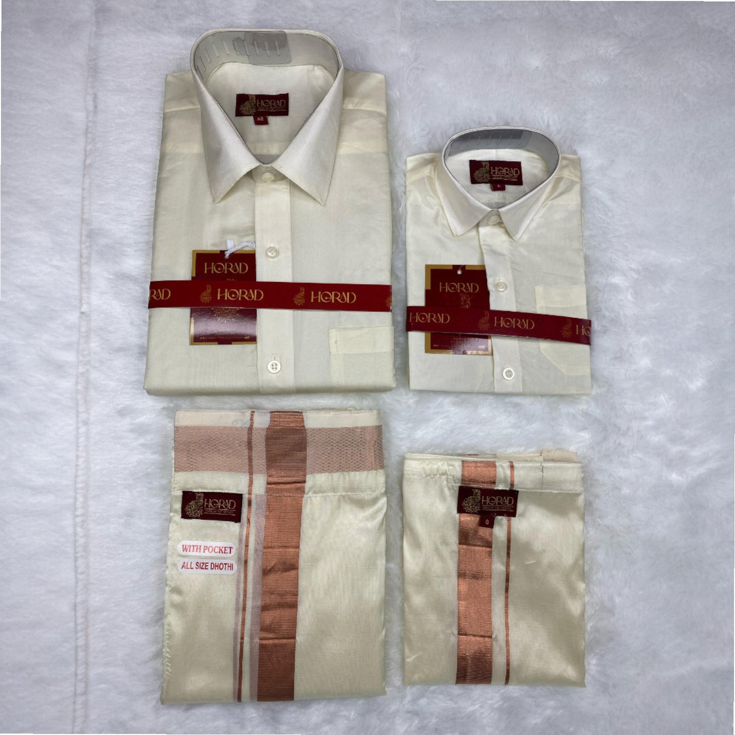 Horad Premium Art Silk Dad and Son Cream Shirt + Welcro Dhoti