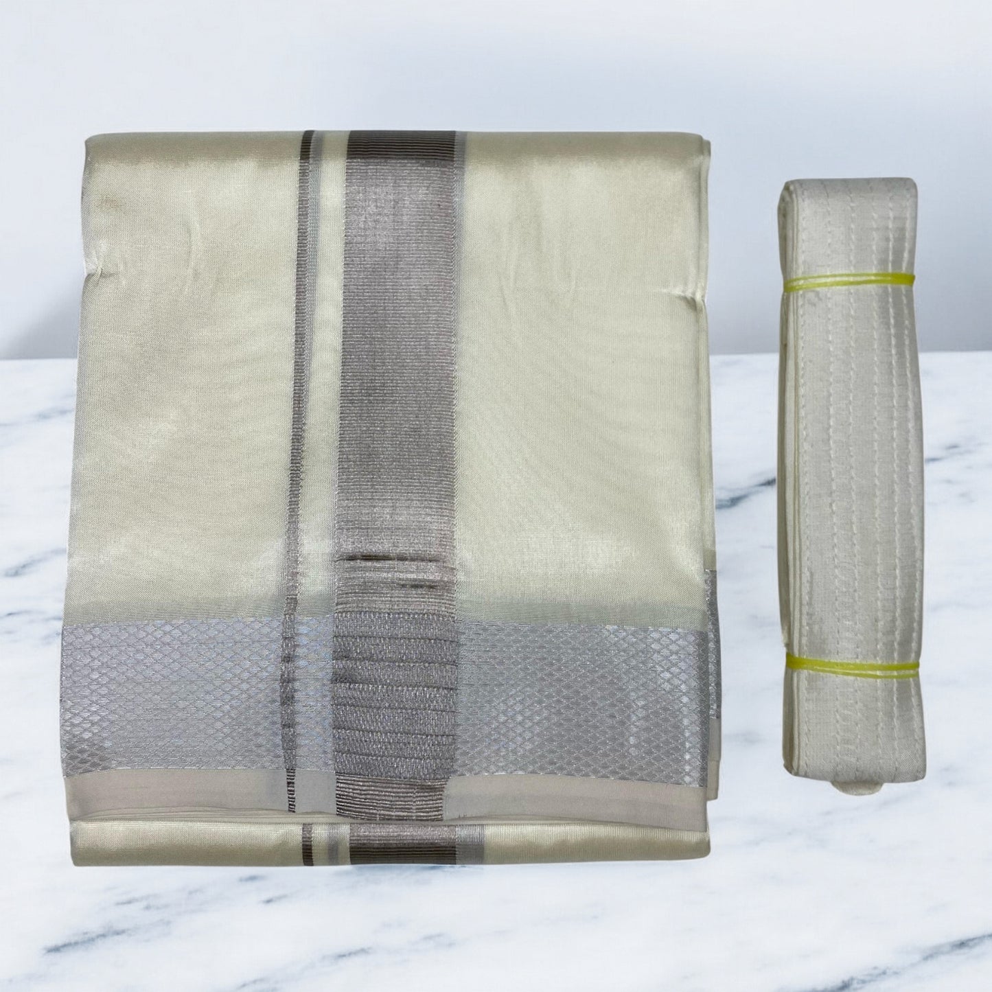 HORAD Premium Art Silk Cream with Silver Zari Dhoti + Belt