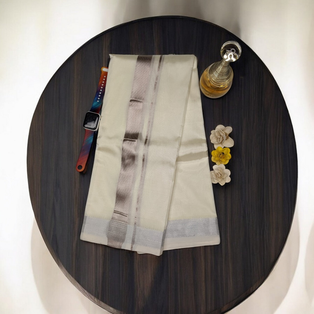 HORAD Premium Art Silk Cream with Silver Zari Dhoti + Angavastram + Belt (9X5)