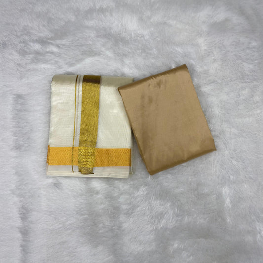HORAD Premium Art Silk Cream with Gold Dhoti with Light Gold Shirt Material