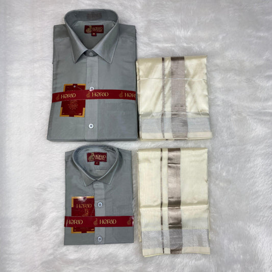 Horad Premium Art Silk Dad and Son Steel Grey Shirt + Cream with Silver Dhoti