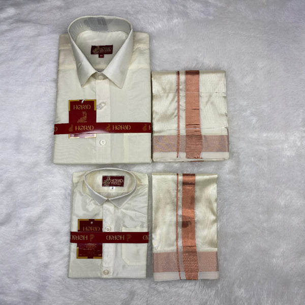 Horad Premium Art Silk Dad and Son Cream Shirt + Cream with Copper Dhoti