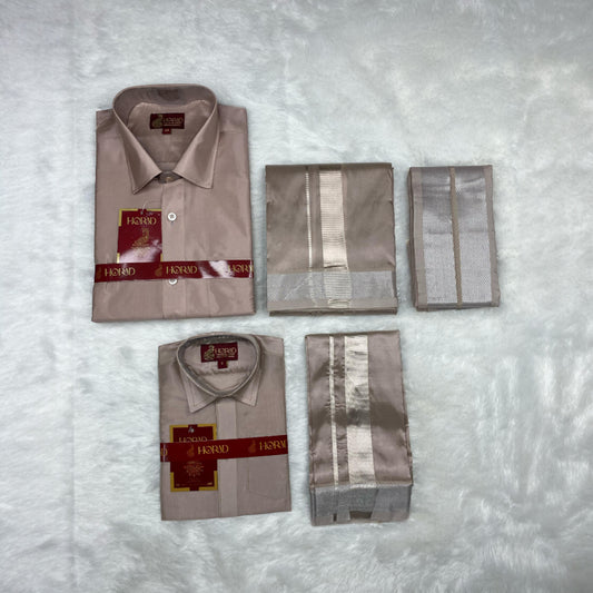 Horad Premium Art Silk Dad and Son Sandstone Shirt + Dhoti + Angavastram