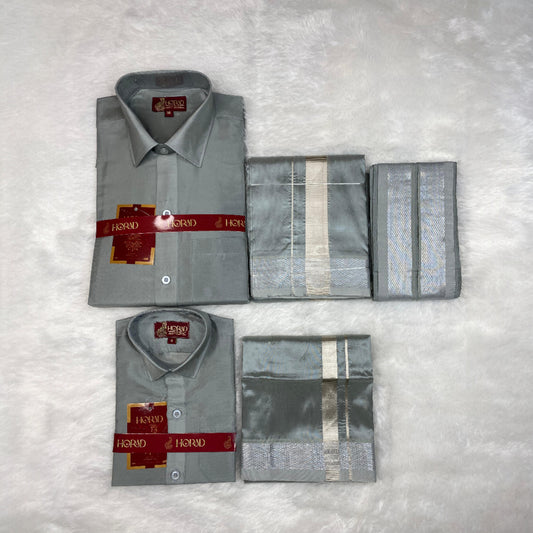 Horad Premium Art Silk Dad and Son Steel Grey Shirt + Dhoti + Angavastram