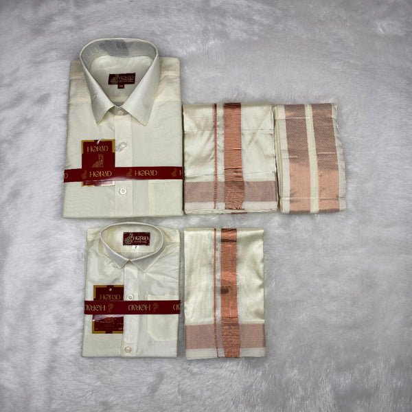Horad Premium Art Silk Dad and Son Cream Shirt + Cream with Copper Dhoti + Angavastram