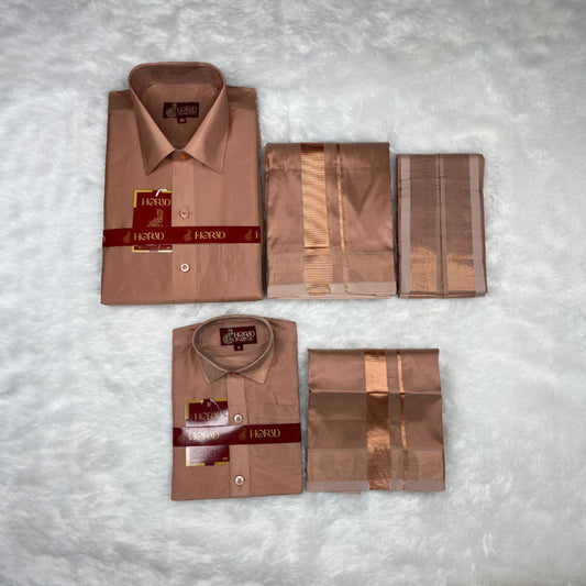 Horad Premium Art Silk Dad and Son Copper  Shirt + Dhoti + Angavastram