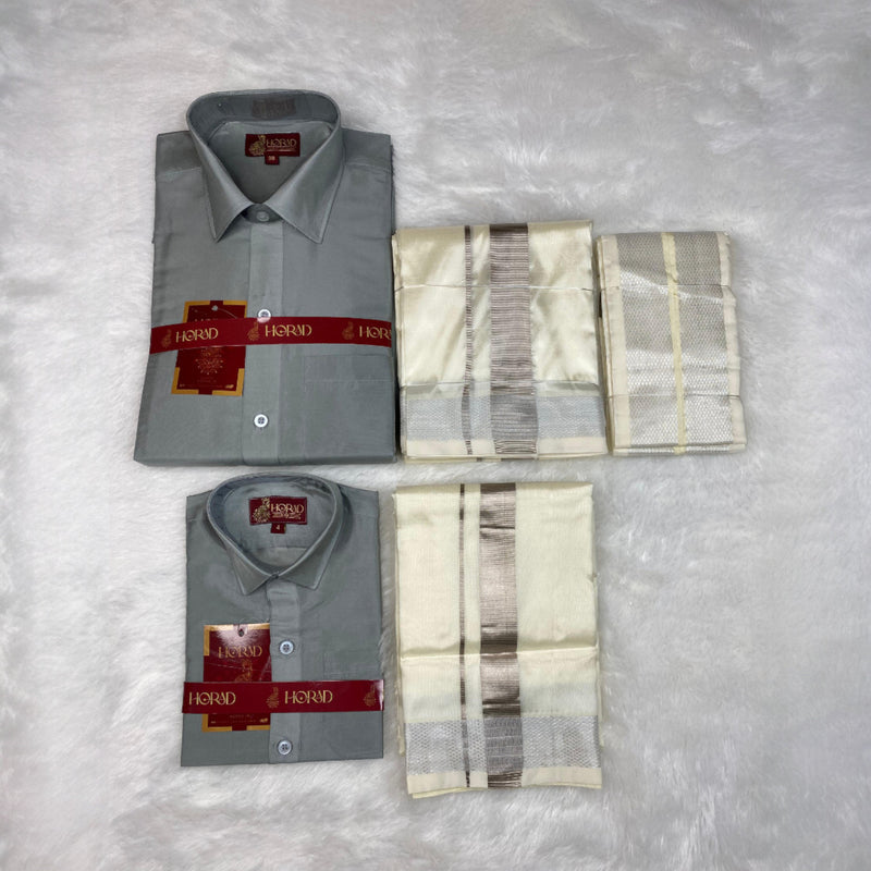 Horad Premium Art Silk Dad and Son Steel Grey Shirt + Cream With Silver Zari Dhoti + Angavastram