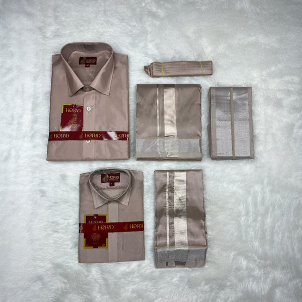 Horad Premium Art Silk Dad and Son Sandstone Shirt + Dhoti + Angavastram + Belt