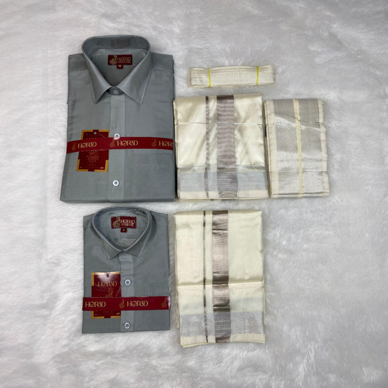 Horad Premium Art Silk Dad and Son Steel Grey Shirt + Cream with Silver Dhoti + Angavastram + Belt