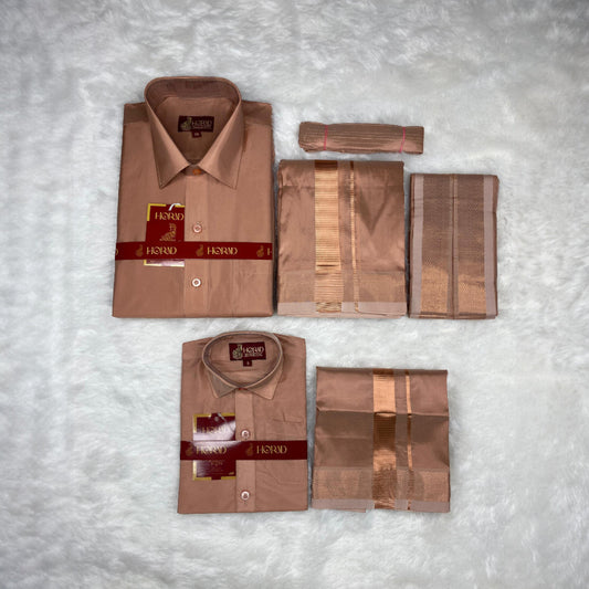 Horad Premium Art Silk Dad and Son Copper  Shirt + Dhoti + Angavastram + Belt