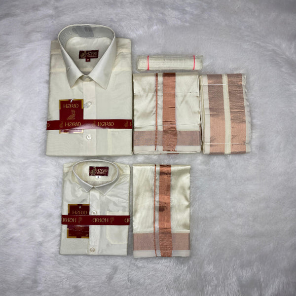 Horad Premium Art Silk Dad and Son Cream Shirt + Cream with Copper Dhoti + Angavastram + Belt