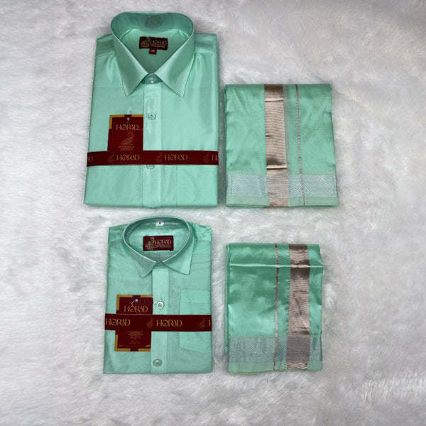 Horad Premium Art Silk Dad and Son M.L.Green Shirt + Dhoti