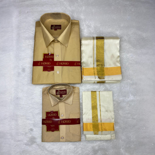 Horad Premium Art Silk Dad and Son Light Gold  Shirt + Cream Dhoti