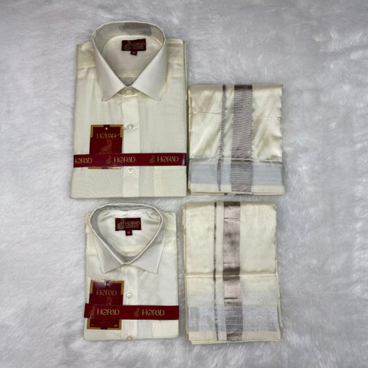 Horad Premium Art Silk Dad and Son Cream Shirt + Cream with Silver Zari Dhoti