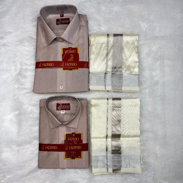Horad Premium Art Silk Dad and Son Sandstone Shirt + Cream with Silver Dhoti