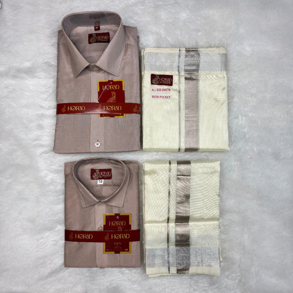 Horad Premium Art Silk Dad and Son Sandstone Shirt + Cream with Silver Welcro Dhoti