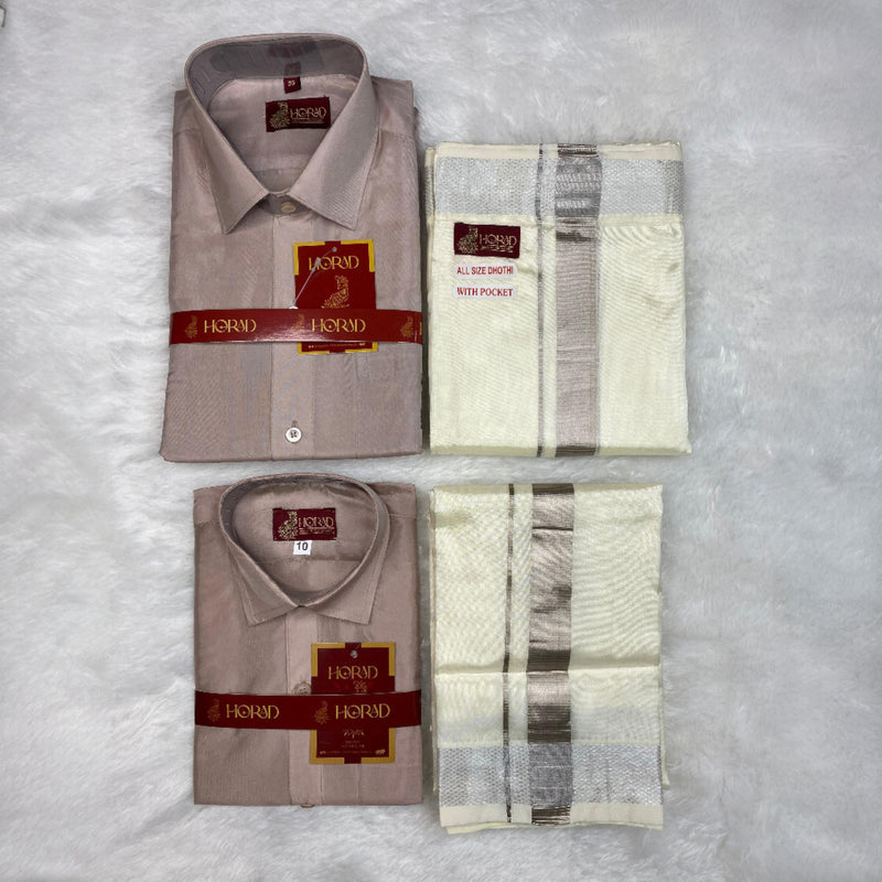 Horad Premium Art Silk Dad and Son Sandstone Shirt + Cream with Silver Welcro Dhoti