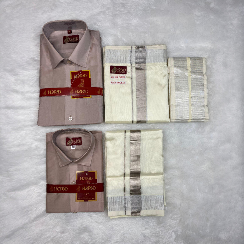 Horad Premium Art Silk Dad and Son Sandstone Shirt + Cream with Silver Welcro Dhoti + Angavastram