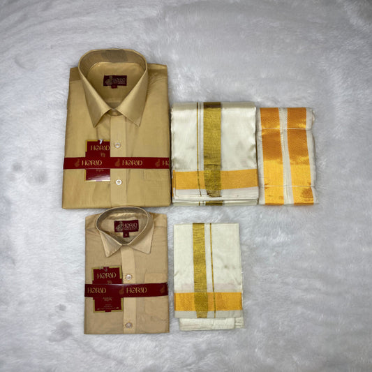 Horad Premium Art Silk Dad and Son Light Gold Shirt + Cream with Gold Dhoti + Angavastram
