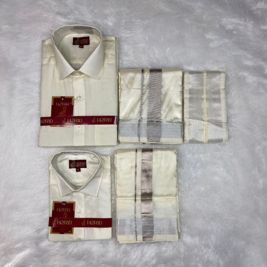 Horad Premium Art Silk Dad and Son Cream Shirt + Cream with Silver Zari Dhoti + Angavastram