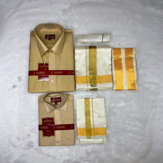 Horad Premium Art Silk Dad and Son Light Gold  Shirt + Cream Dhoti + Angavastram + Belt