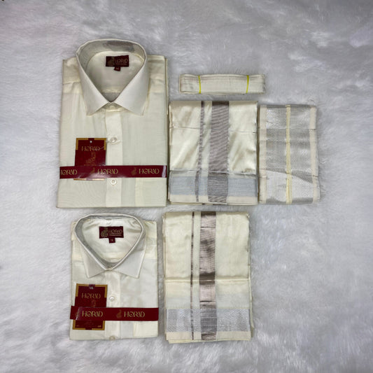 Horad Premium Art Silk Dad and Son Cream Shirt + Cream with Silver Zari Dhoti + Angavastram + Belt