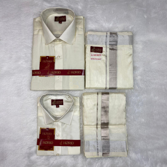 Horad Premium Art Silk Dad and Son Cream Shirt + Cream with Silver Zari  Welcro Dhoti