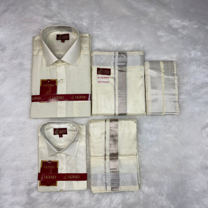 Horad Premium Art Silk Dad and Son Cream Shirt + Cream with Silver Zari Welcro Dhoti + Angavastram