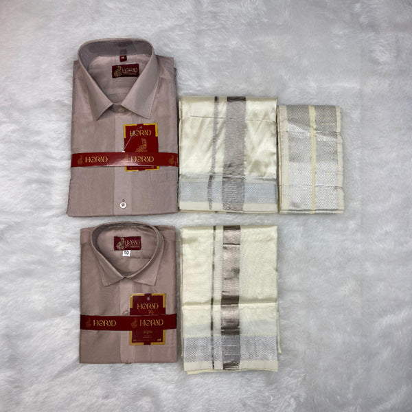 Horad Premium Art Silk Dad and Son Sandstone Shirt + Cream with Silver Dhoti + Angavastram