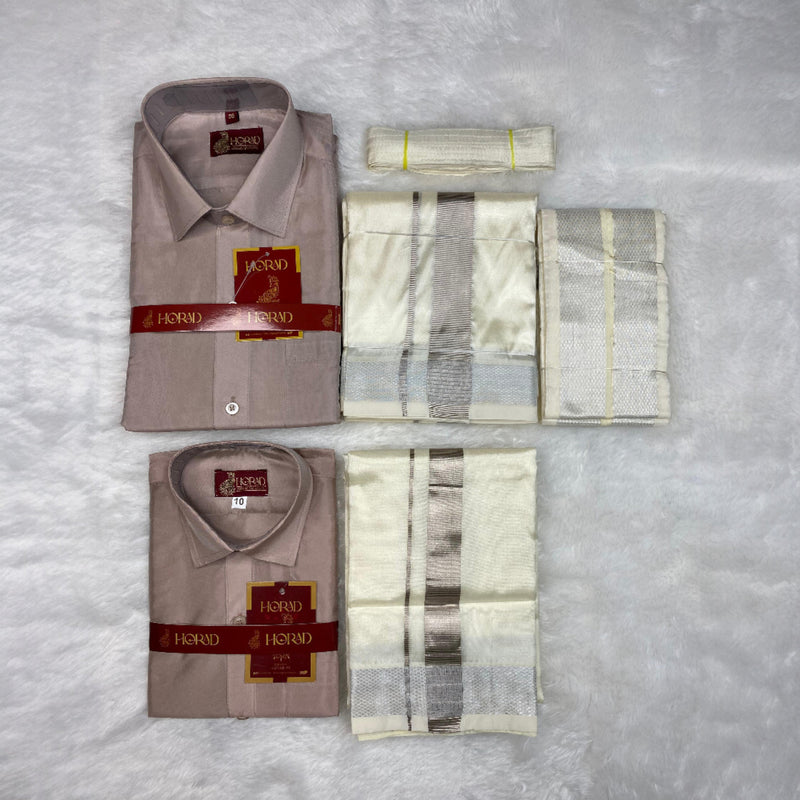 Horad Premium Art Silk Dad and Son Sandstone Shirt + Cream with Silver Dhoti + Angavastram + Belt
