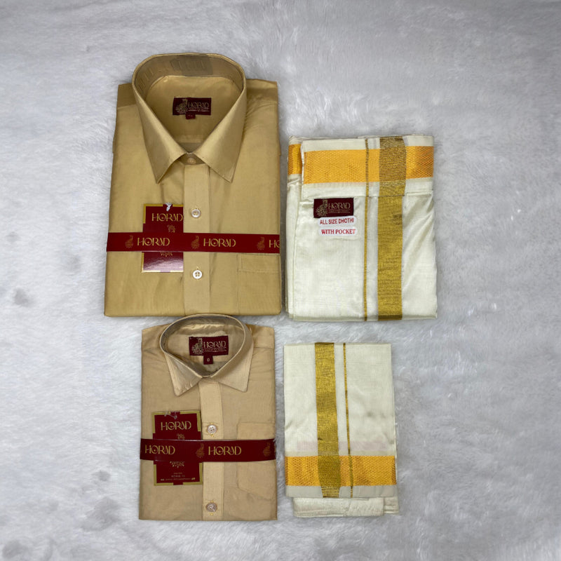 Horad Premium Art Silk Dad and Son Light Gold  Shirt + Cream Welcro Dhoti