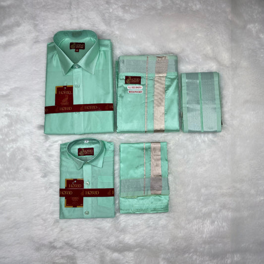 Horad Premium Art Silk Dad and Son ML.Green Shirt + Welcro Dhoti + Angavastram
