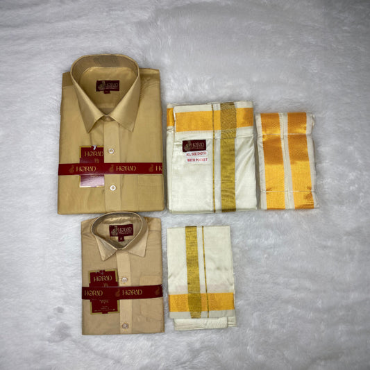 Horad Premium Art Silk Dad and Son Light Gold  Shirt + Cream Welcro Dhoti + Angavastram