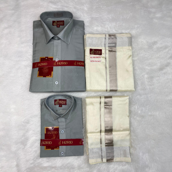 Horad Premium Art Silk Dad and Son Steel Grey Shirt + Cream with Silver Welcro Dhoti