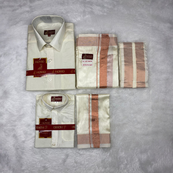 Horad Premium Art Silk Dad and Son Cream Shirt + Cream with Copper Welcro Dhoti + Angavastram