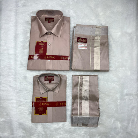 Horad Premium Art Silk Dad and Son Sandstone Shirt + Welcro Dhoti