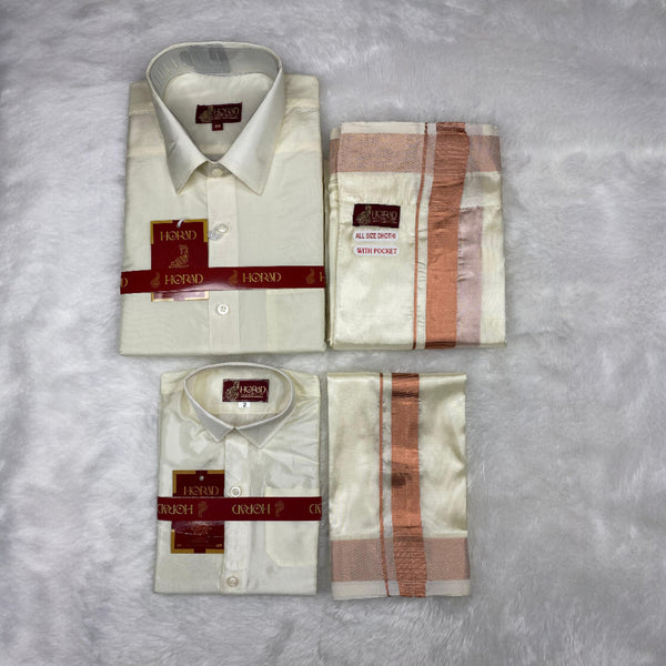 Horad Premium Art Silk Dad and Son Cream Shirt + Cream with Copper Welcro Dhoti