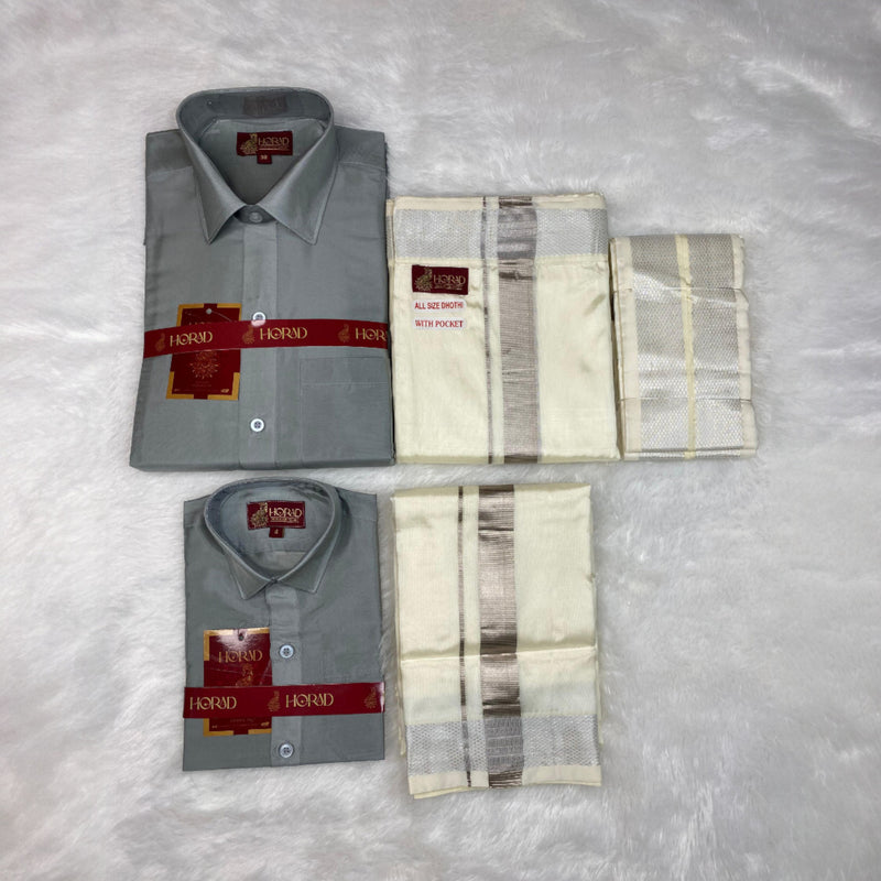 Horad Premium Art Silk Dad and Son Steel Grey Shirt + Cream with Silver Welcro Dhoti + Angavastram