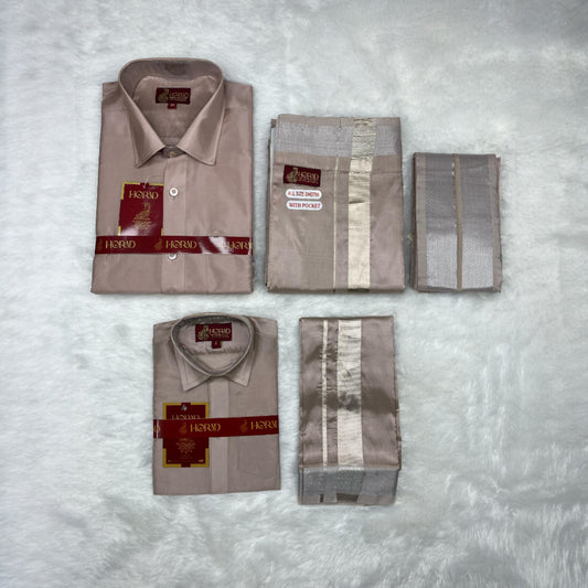 Horad Premium Art Silk Dad and Son Sandstone Shirt + Welcro Dhoti + Angavastram