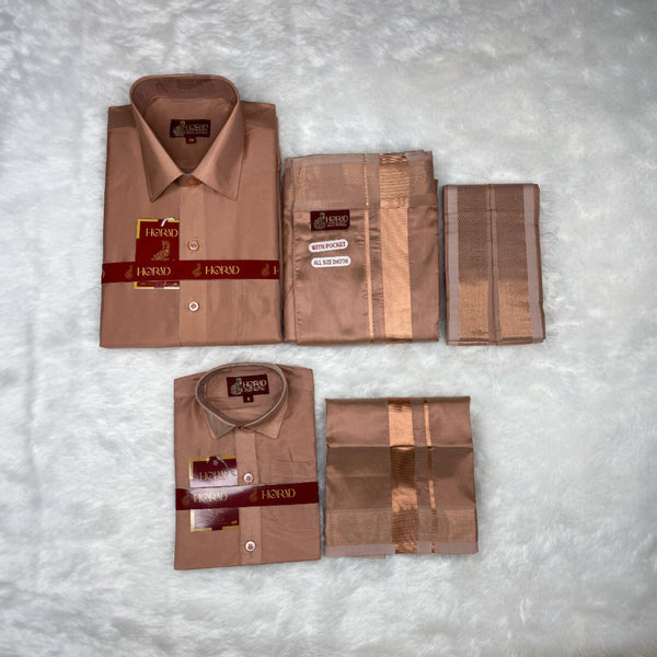 Horad Premium Art Silk Dad and Son Copper Shirt + Welcro Dhoti + Angavastram