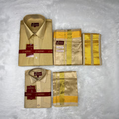 Horad Premium Art Silk Dad and Son Light Gold  Shirt + Welcro Dhoti + Angavastram