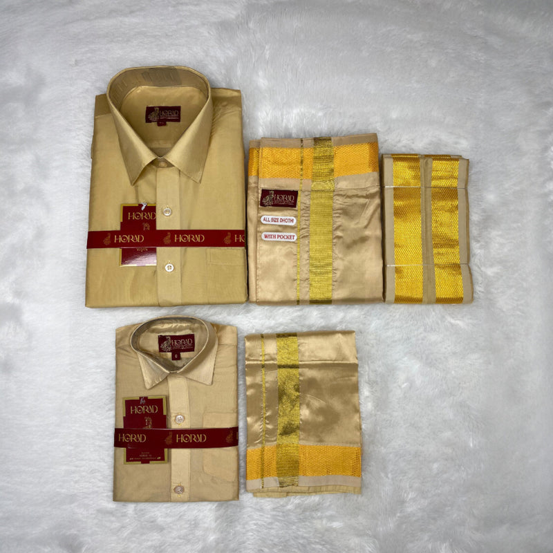 Horad Premium Art Silk Dad and Son Light Gold  Shirt + Welcro Dhoti + Angavastram