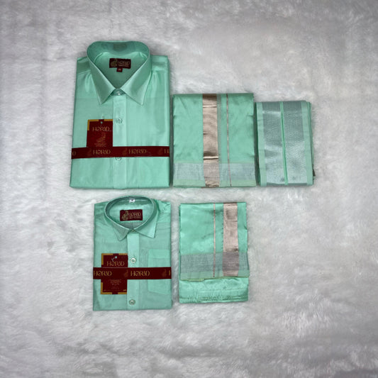 Horad Premium Art Silk Dad and Son ML.Green Shirt + Dhoti + Angavastram