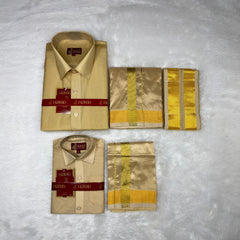 Horad Premium Art Silk Dad and Son Light Gold  Shirt + Dhoti + Angavastram