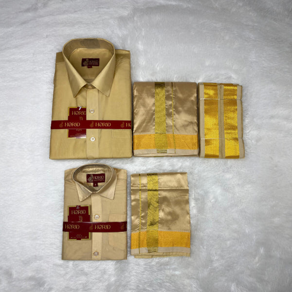 Horad Premium Art Silk Dad and Son Light Gold  Shirt + Dhoti + Angavastram
