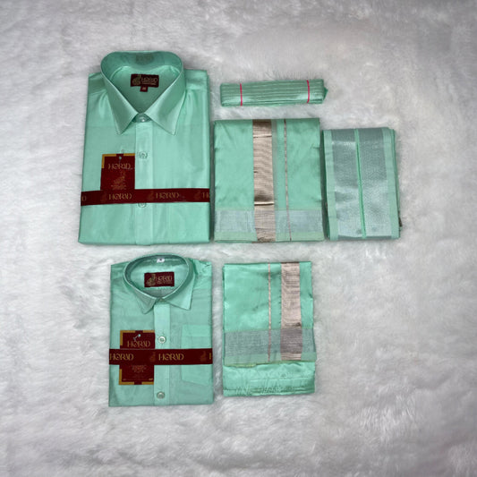 Horad Premium Art Silk Dad and Son ML.Green Shirt + Dhoti + Angavastram + Belt