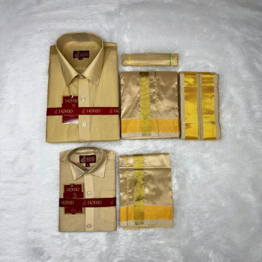 Horad Premium Art Silk Dad and Son Light Gold  Shirt + Dhoti + Angavastram + Belt